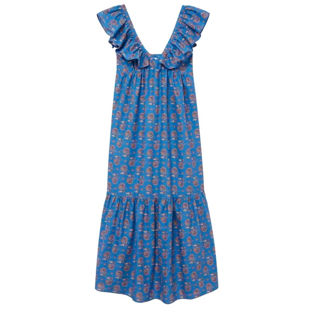 MNG Mango Blue Floral Patterned Fabric Maxi Dress Size 2 = XS